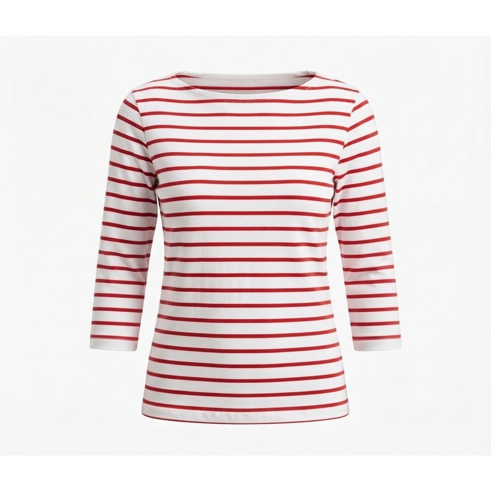 J.Crew Striped Boatneck Tee Women XS Red White 3/4 Sleeve Cotton